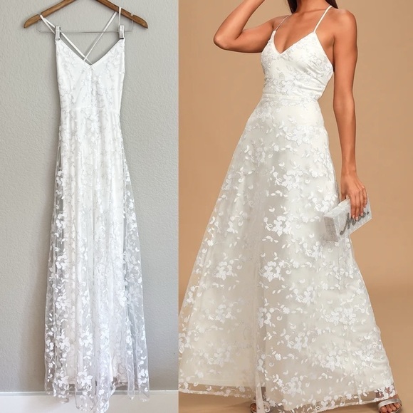 Lulus Dresses & Skirts - NWOT Magically Charming White Sequin Embroidered Lace-Up Maxi Dress
